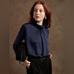 Banana Republic Women Ruffle Mock-Neck Blue Long Sleeve Holiday Office Party L